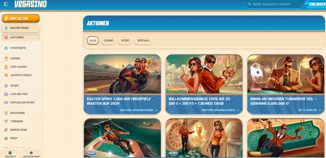 Vegasino Casino Banner mit Spielautomaten und Bonusangeboten